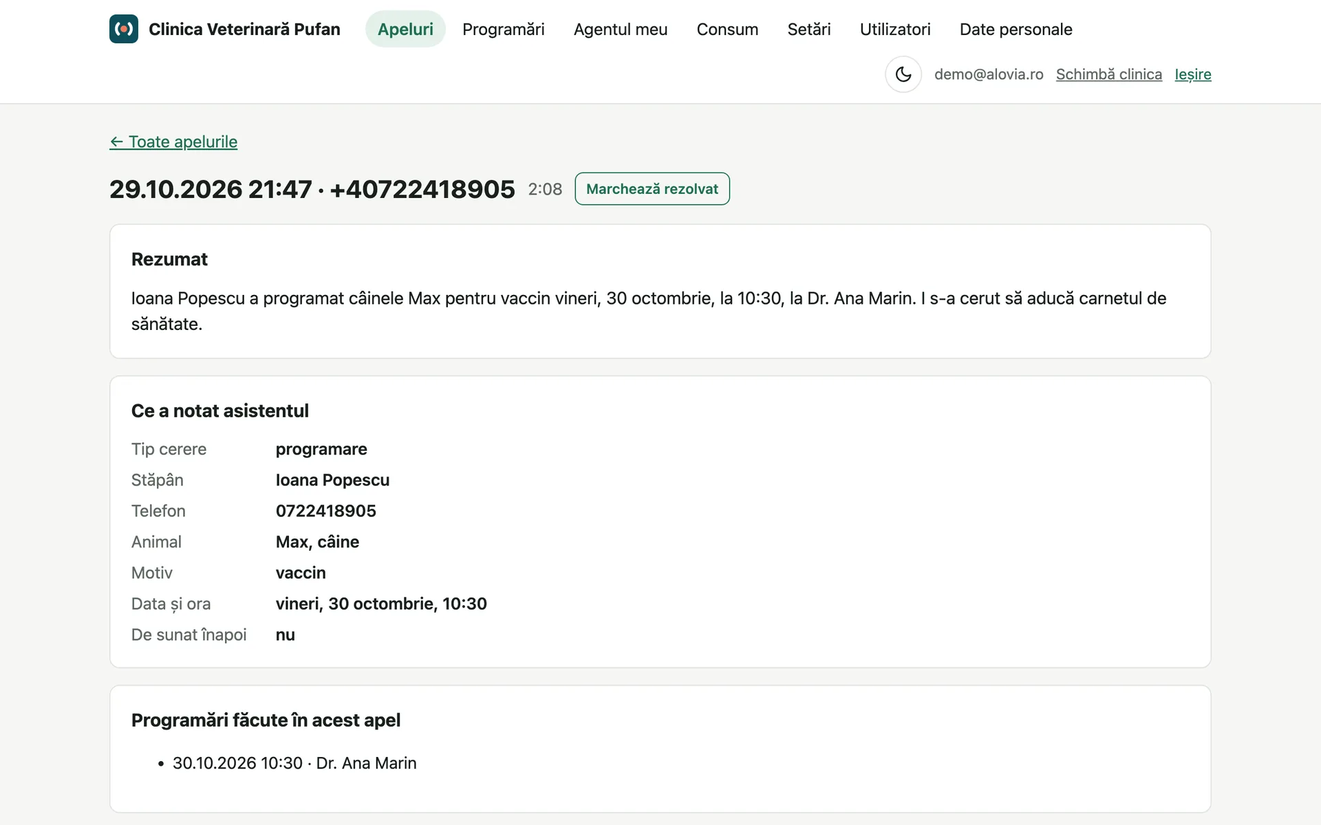A call's details: the summary, the data the assistant noted (owner, phone, animal, reason, date and time) and the appointment made during the call.